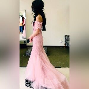 Off-Shoulder Pink Lace Mermaid Prom Dress
